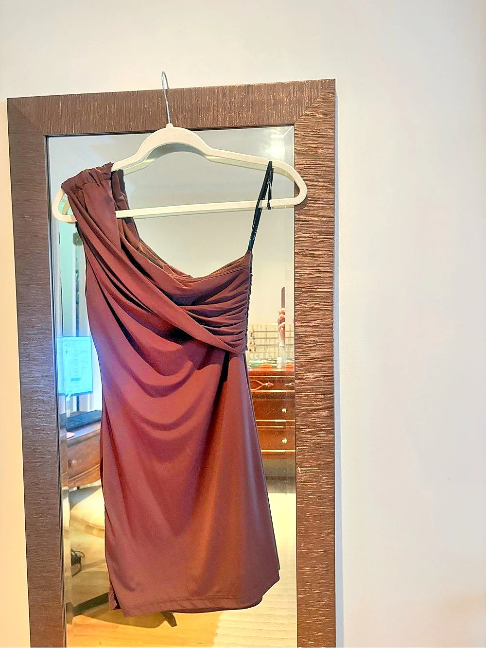 White Fox All Mixed Up One Shoulder Mini Dress Brown Medium